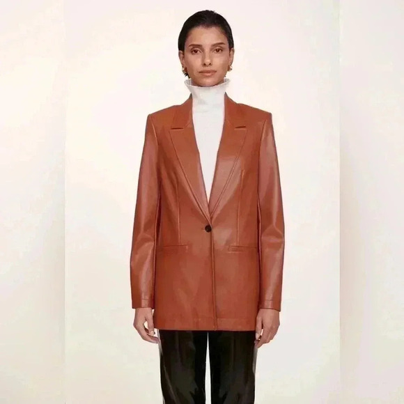 Staud Madden Womens Faux Vegan Leather Oversized Brown Blazer Jacket L Long $495 - Picture 14 of 15